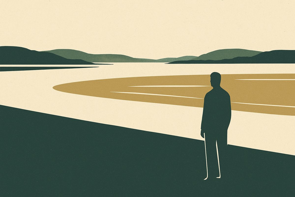 A wide estuary at low water with the tide line marked across flat pale mud, one small figure standing on the shore.