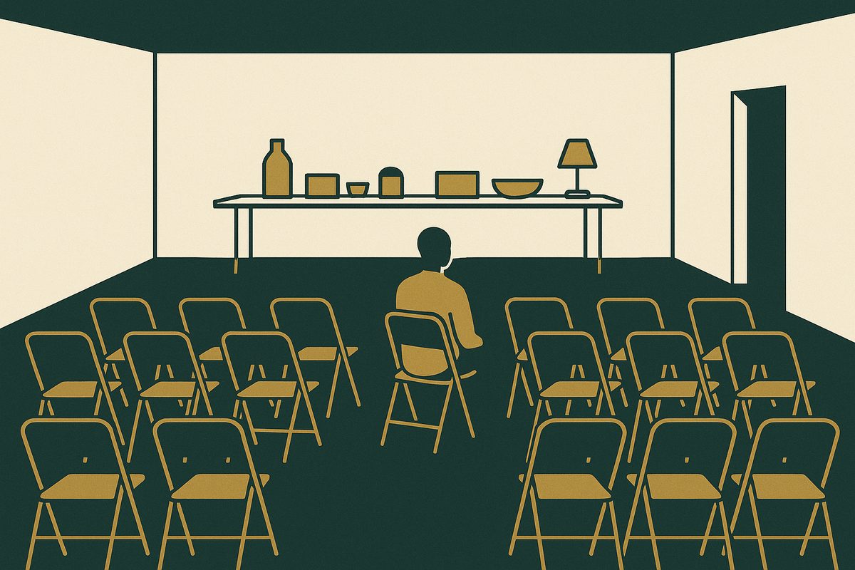 A hall with rows of chairs set out and a table of things at the back.