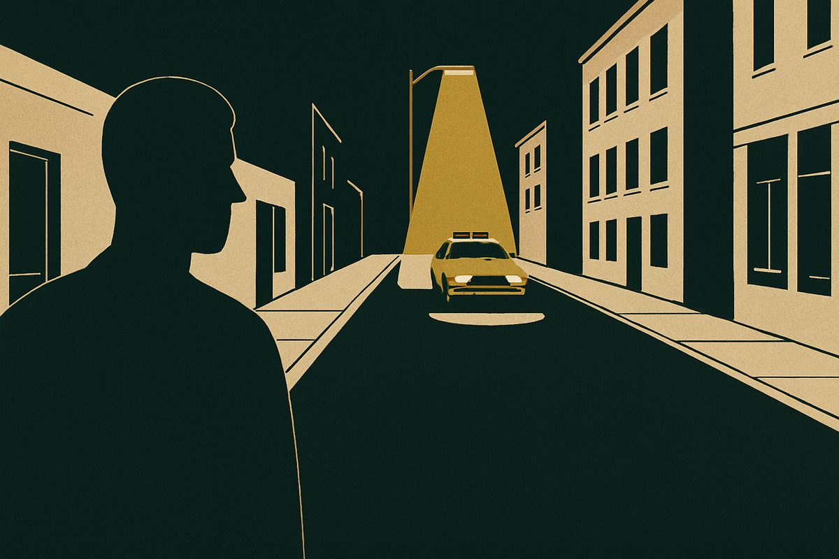 A dark street at night receding between buildings, one car at the far end under a light, and a large figure in silhouette in the foreground.