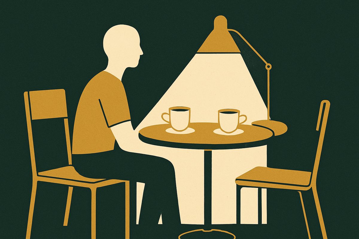 Two coffee cups on a small round table, one chair pushed back.