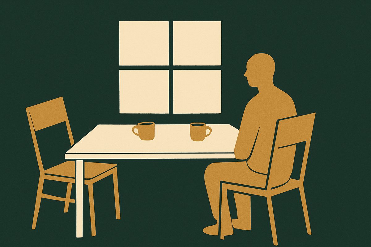 A kitchen table with two chairs pushed back and two half-finished cups on it.