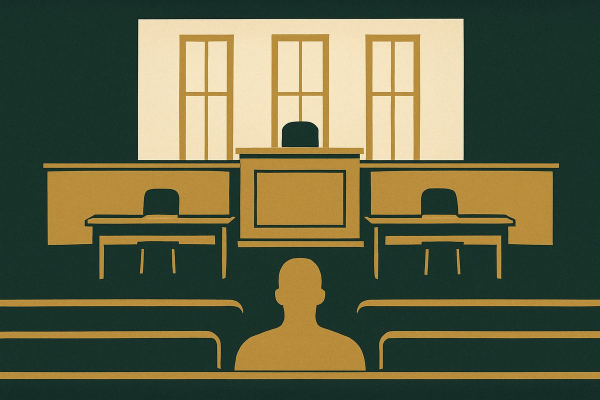 An empty courtroom seen from the back, two tables facing a raised bench.