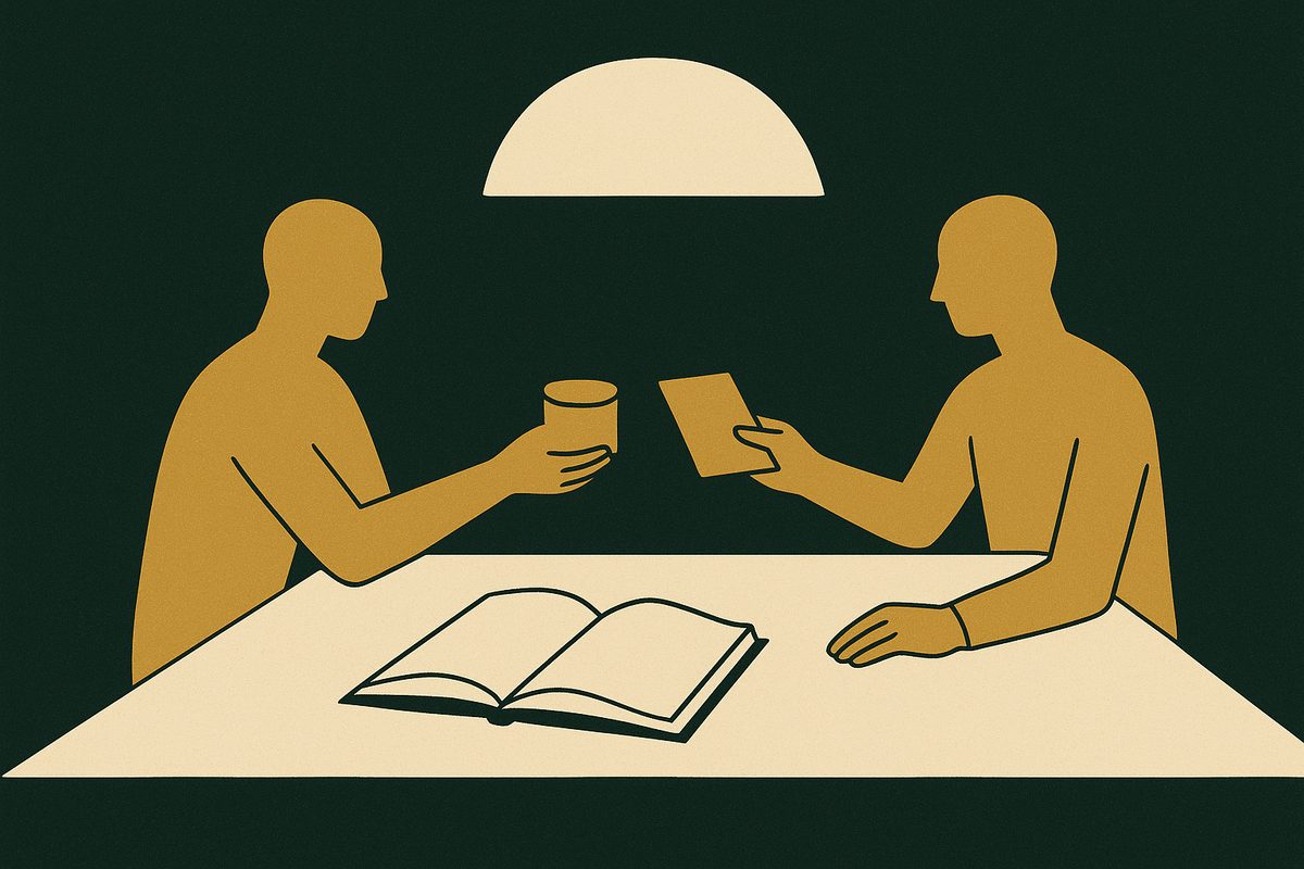 Two figures at a table exchanging two different objects, a ledger open beside them.