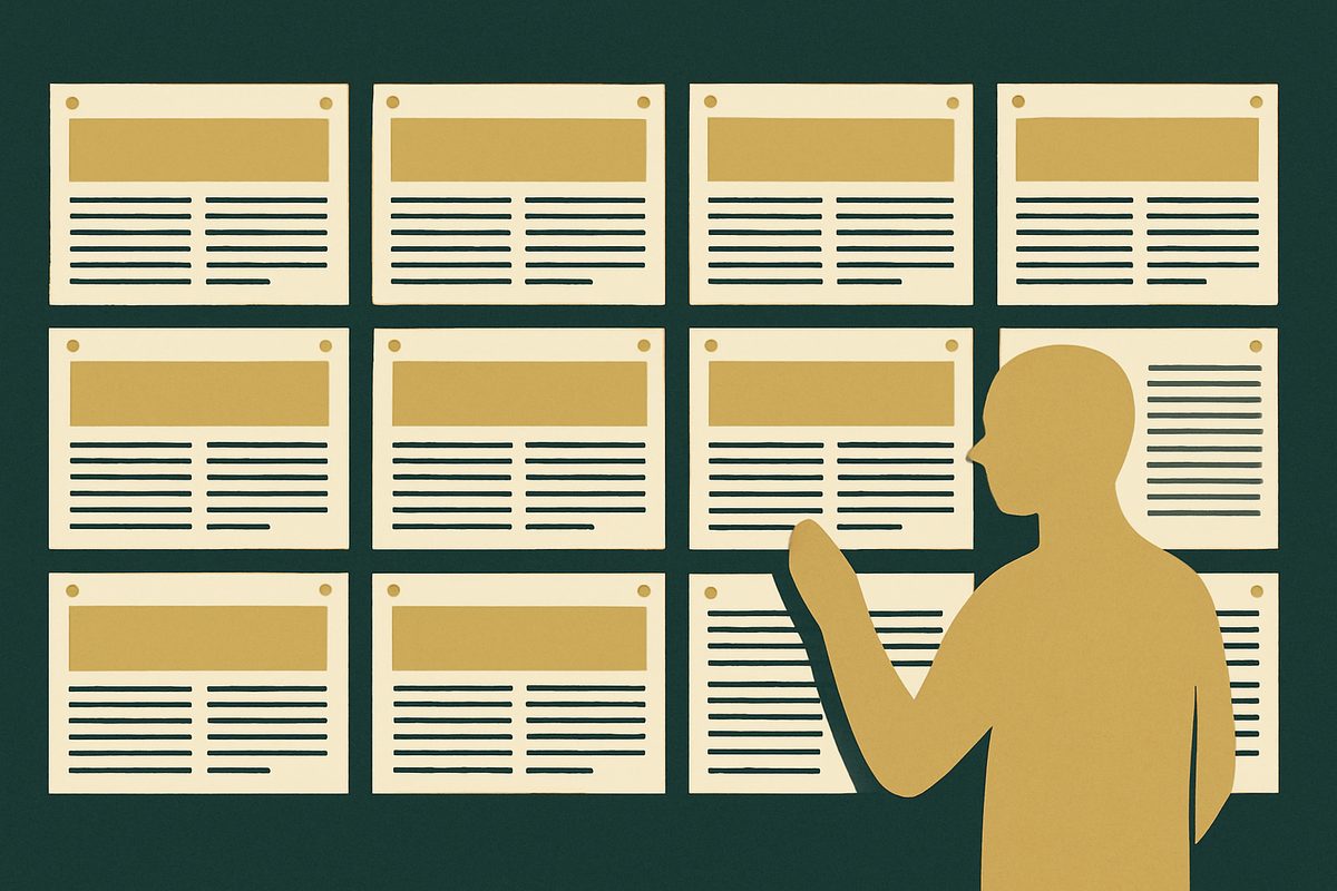 A wall of identical front pages hung in a grid, every one carrying the same blocks of text, with one figure standing before them.