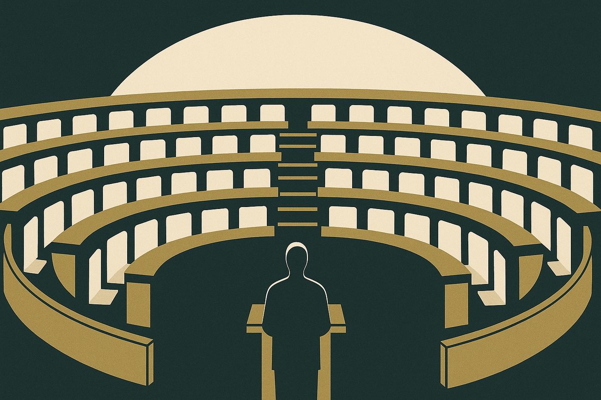 A semicircular chamber of empty seats facing a single lectern.