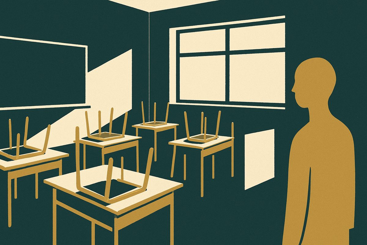 An empty classroom with chairs stacked on the desks and light through high windows.