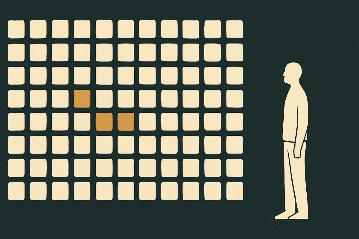 A large grid of identical pale squares, two of them picked out in brass, with a single standing figure beside the grid.