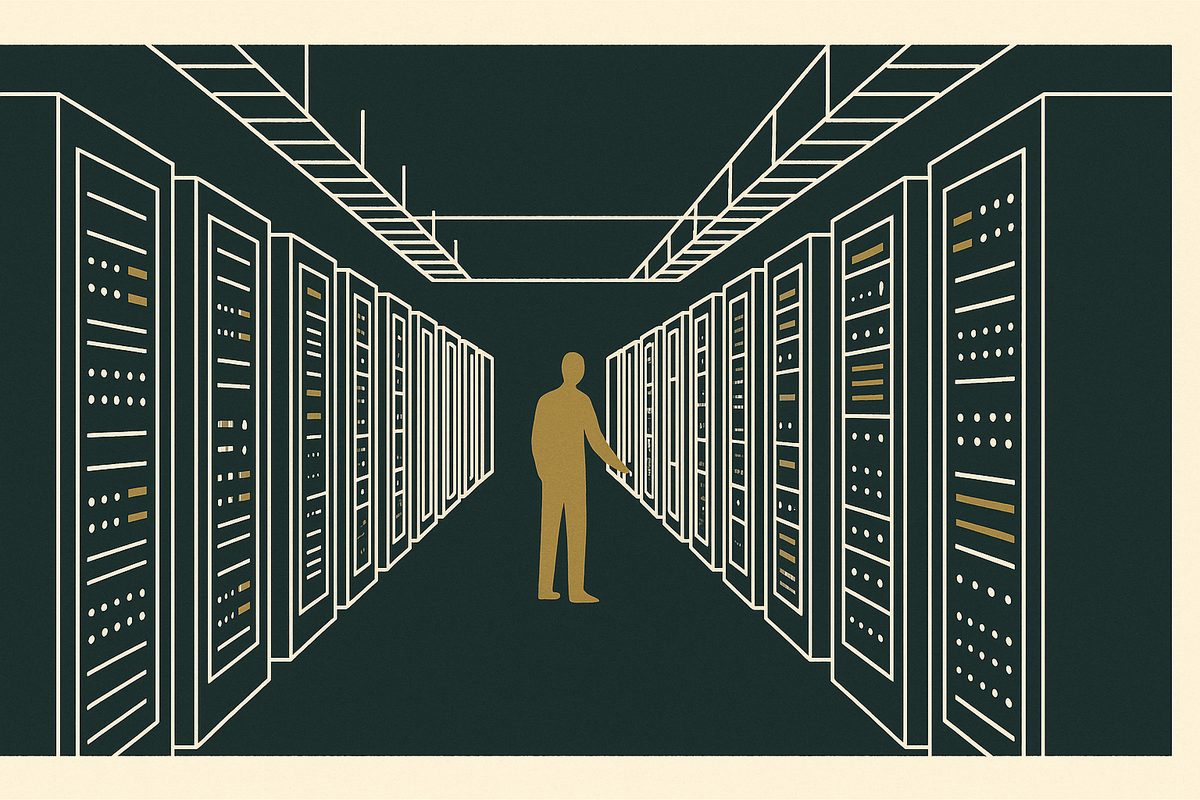 A dense server hall receding into the distance under a low ceiling of cable trays.