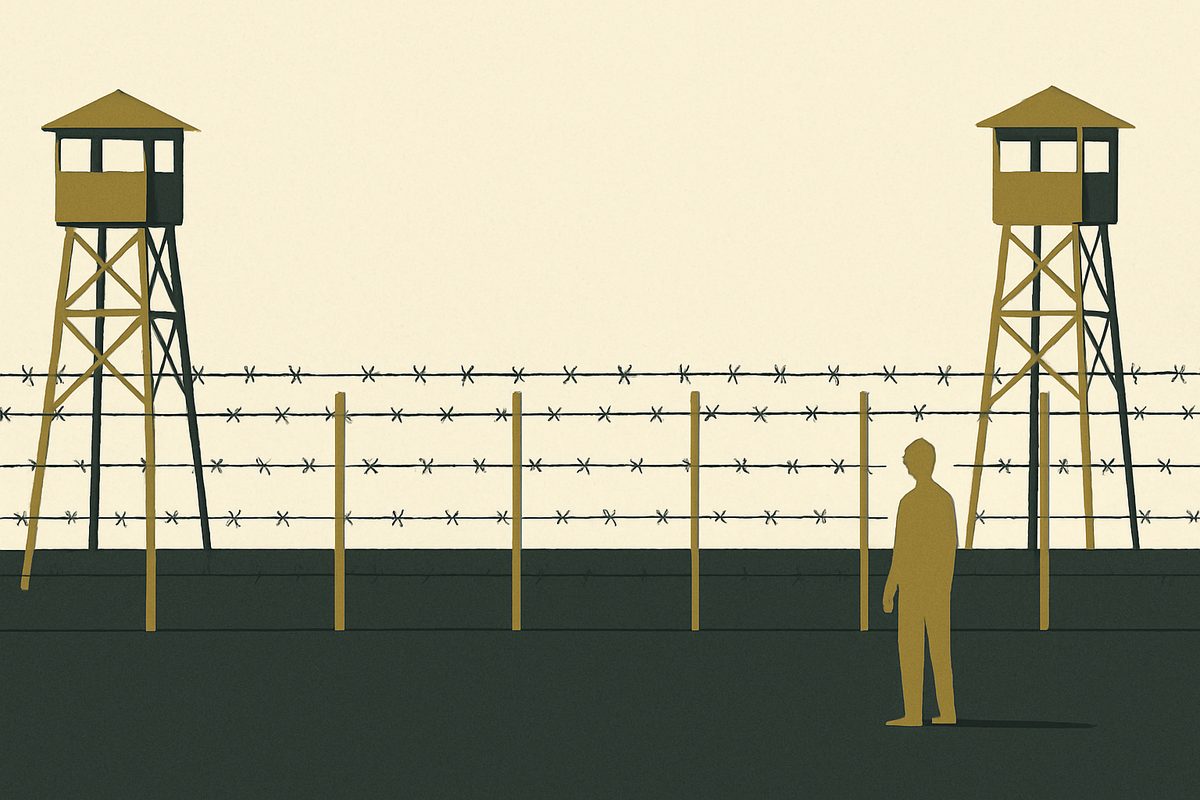 A long border fence crossing empty ground, with a watchtower at each end.