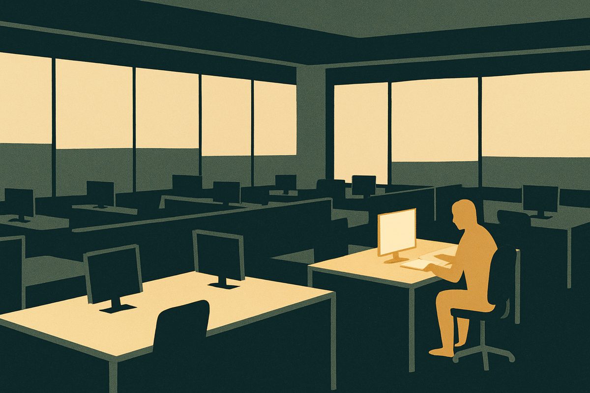 An open-plan office at dusk with most desks empty and a few still lit.