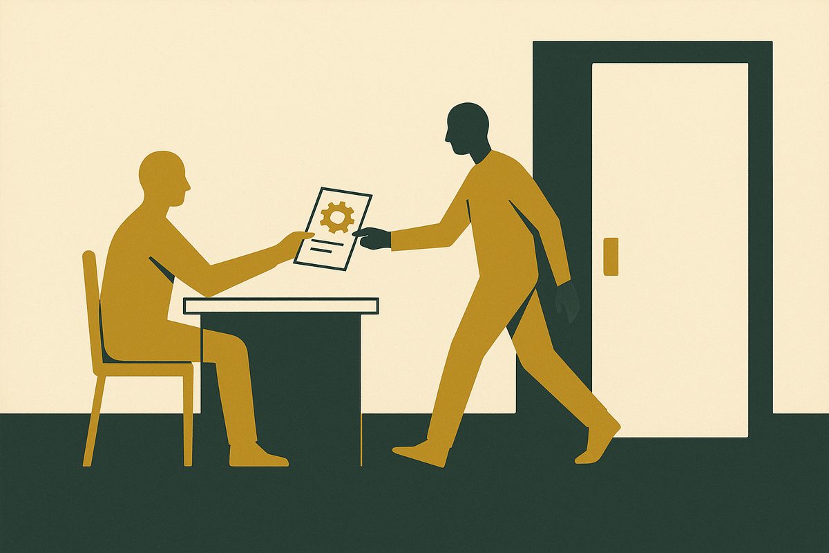 One figure at a desk handing a folded instruction to a second figure who is walking away with it towards a door.