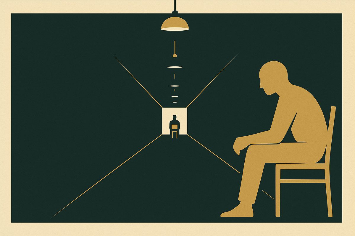 A very long dark corridor seen head on, a seated figure leaning forward at each end, the ceiling lamps lit near them and dark in the middle.