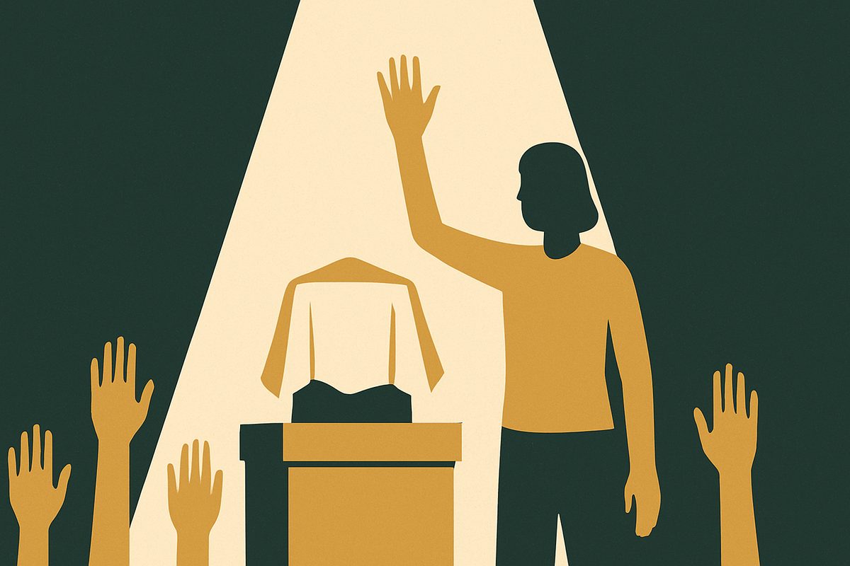 Several raised hands around a covered lot, with one hand higher than the rest.