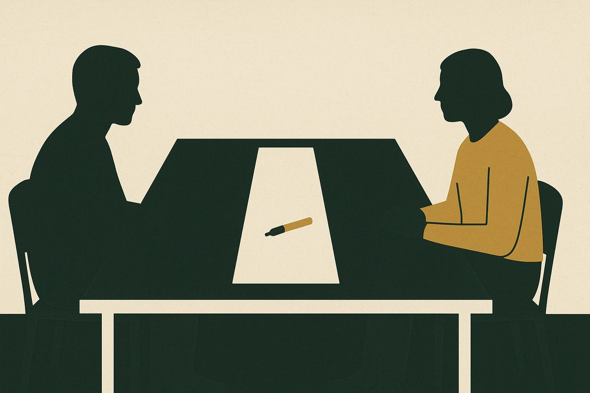 Two figures on either side of a table with a single long strip between them and a marker resting somewhere near the middle.