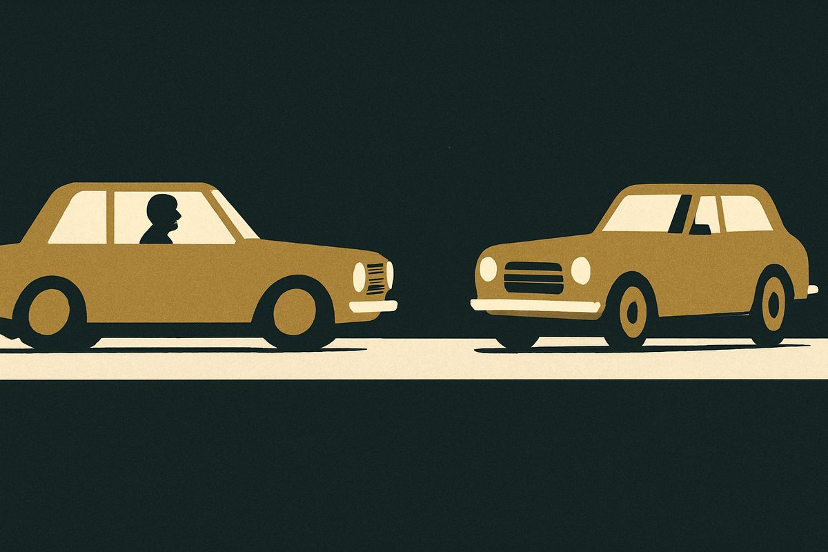 Two cars stopped nose to nose on a pale road across a dark plain, their grilles facing each other across a small gap, a driver visible in the left one.