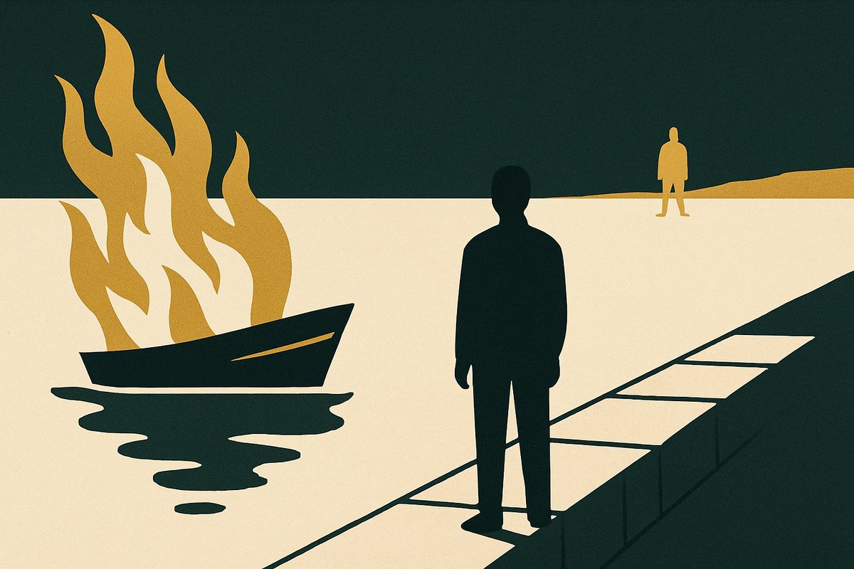 A figure standing alone on a stone jetty beside a burning boat, facing inland towards a distant second figure.
