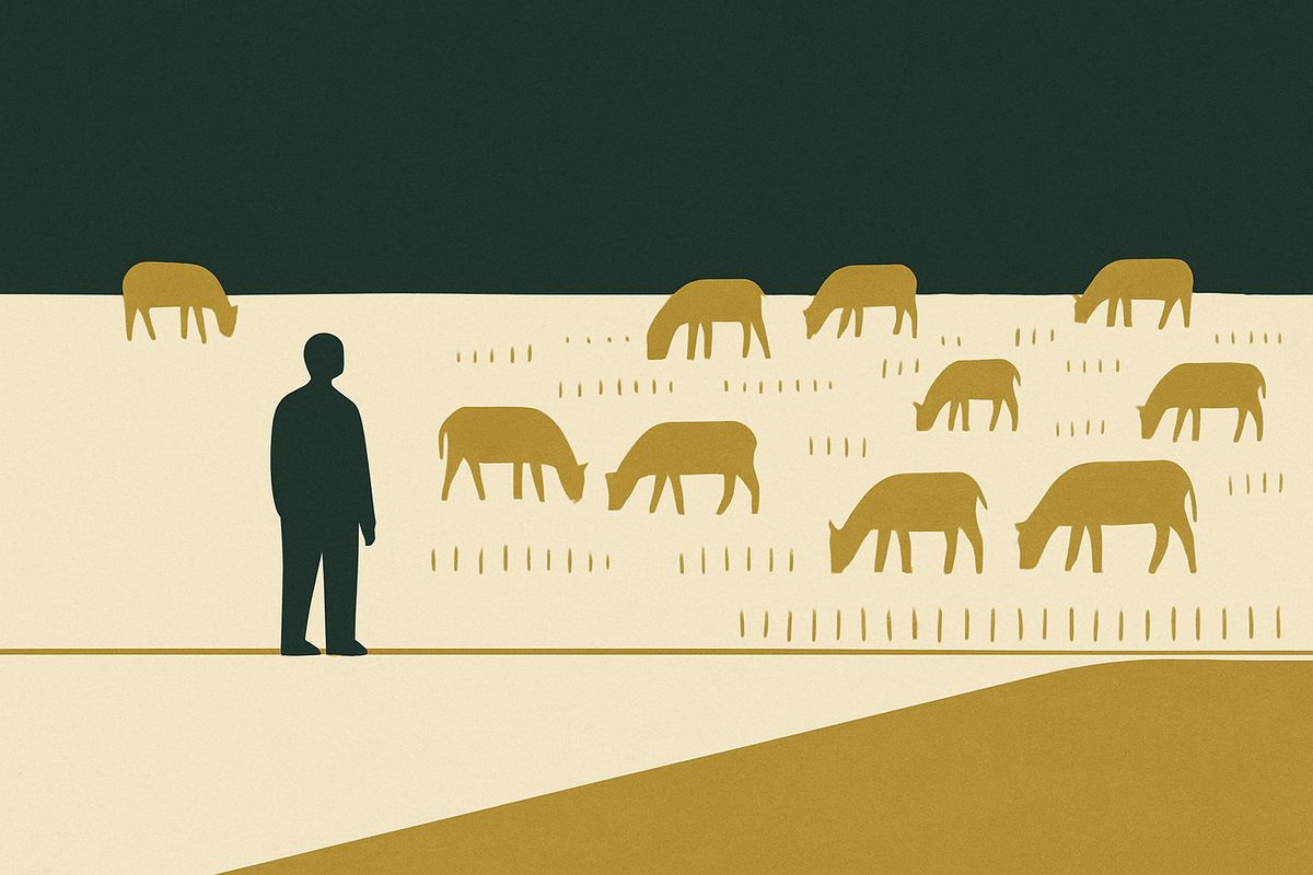 A wide open pasture with a scattered herd grazing across it, the near ground worn pale and bare, one small figure standing at the left edge.