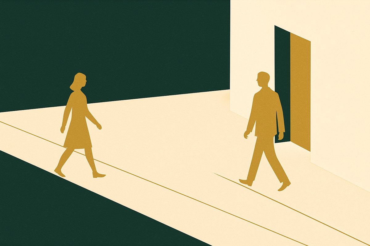 Two figures approaching each other on a wide pavement, both stepping the same way at the same moment.