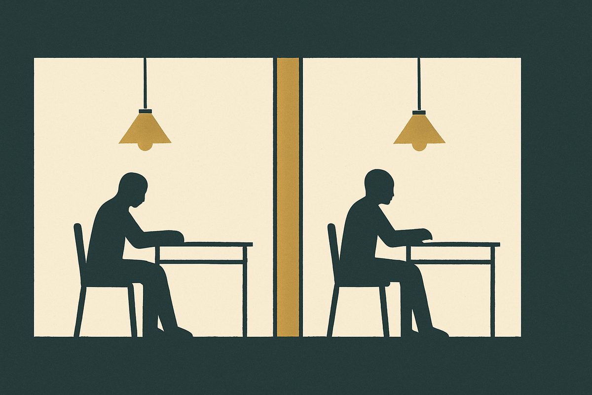 Two identical rooms divided by one solid wall, a seated figure in each, neither able to see the other.