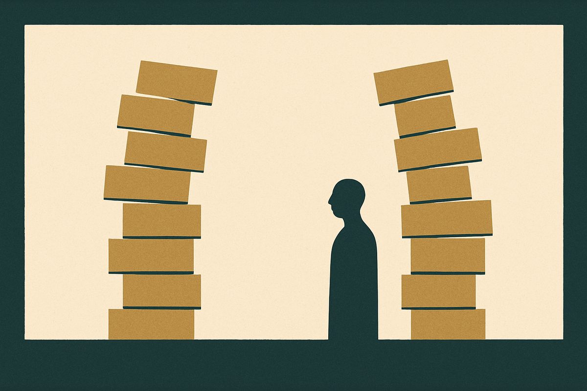 Two stacks of identical blocks facing each other, each one course higher than the other, both leaning.