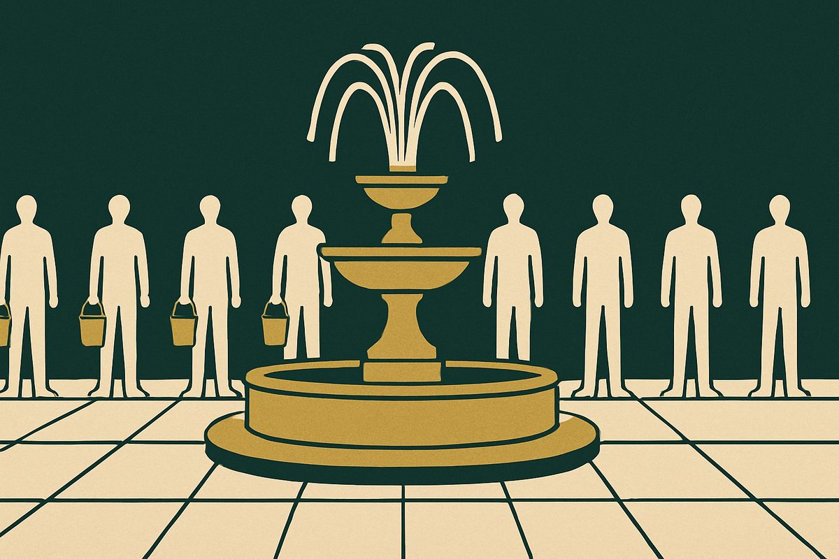 A public fountain in a paved square ringed by evenly spaced figures, most carrying a pale bucket and several carrying nothing.
