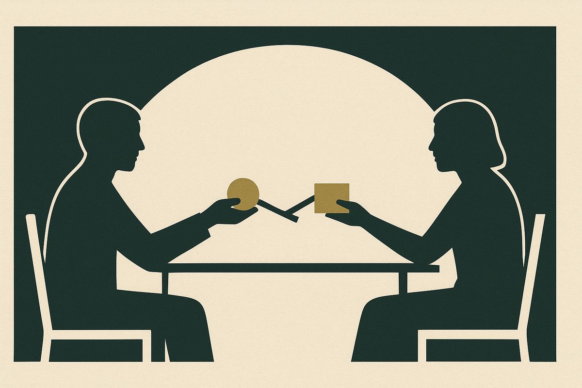 Two figures at a table exchanging two different objects, each holding out one and receiving another.