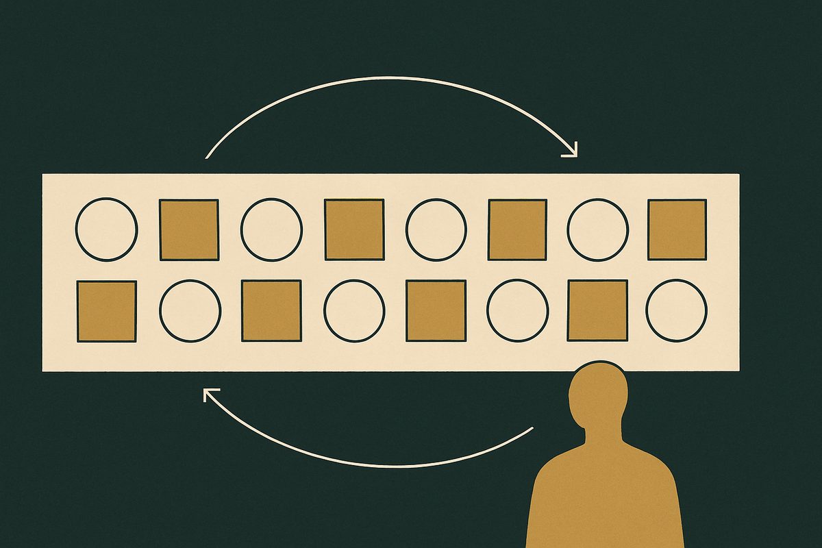 A long strip of twelve equal cells, each holding a pale circle or a solid square like a ledger of past moves, with an arrow looping from the last cell back to the first.