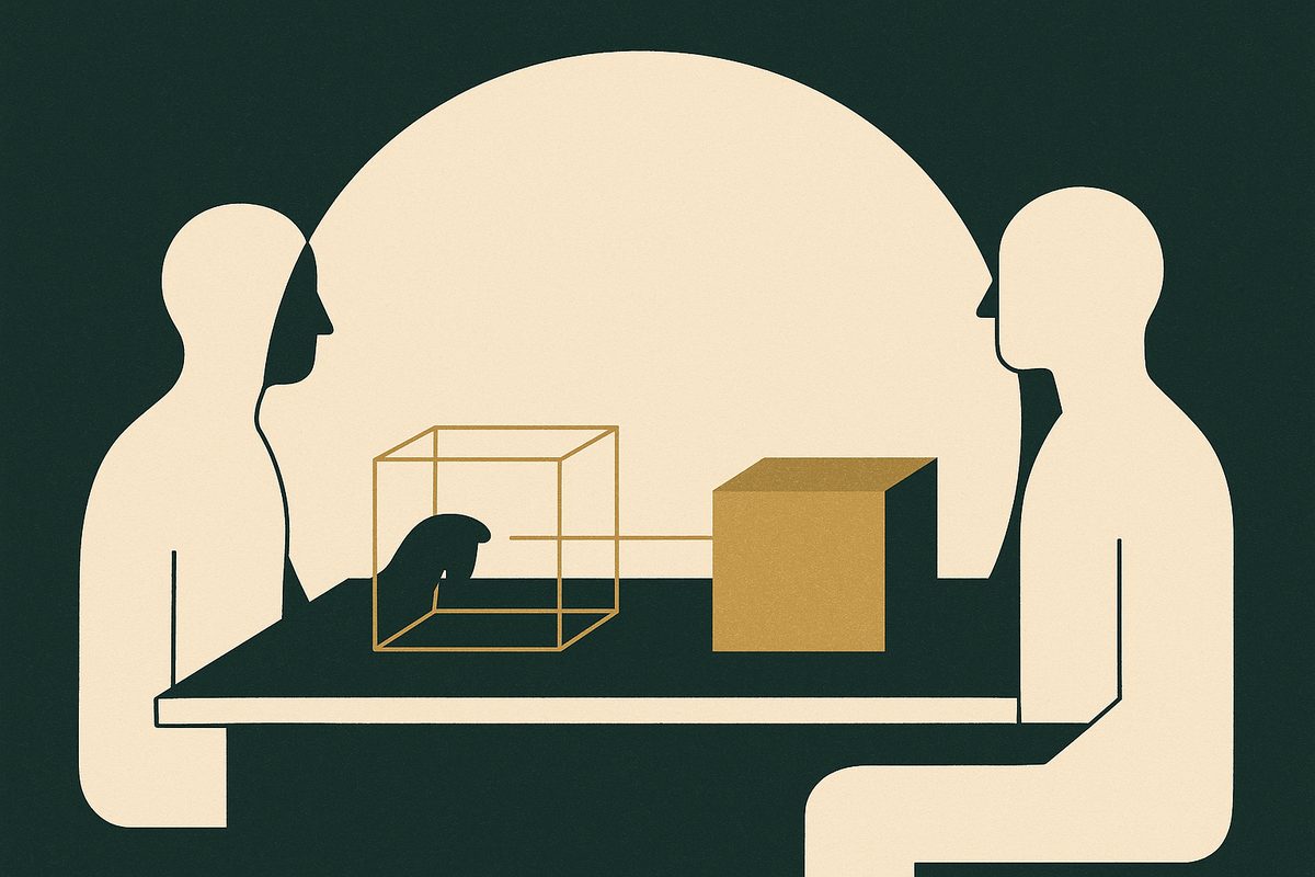 Two figures facing each other across a table: one has an open wire-frame box in front of them, the other a solid closed one.