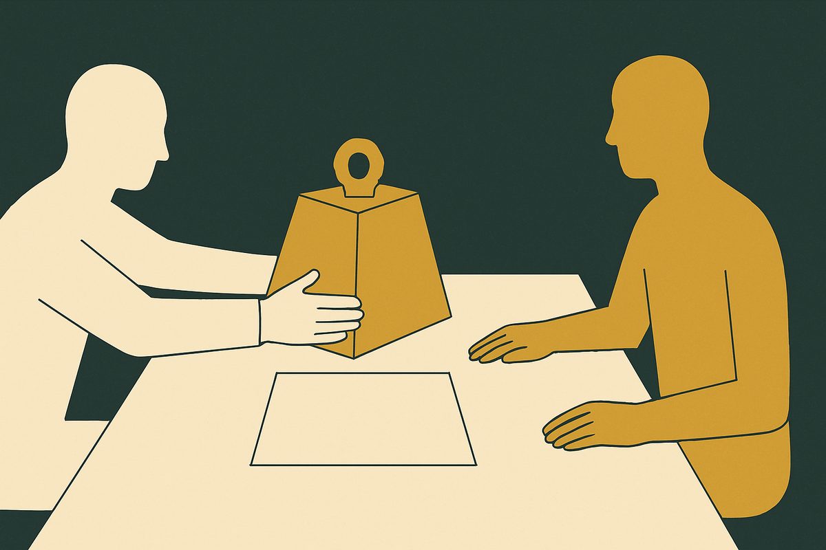 Two figures at a table, one pushing forward a heavy sealed weight while the other watches, an untouched sheet of paper between them.