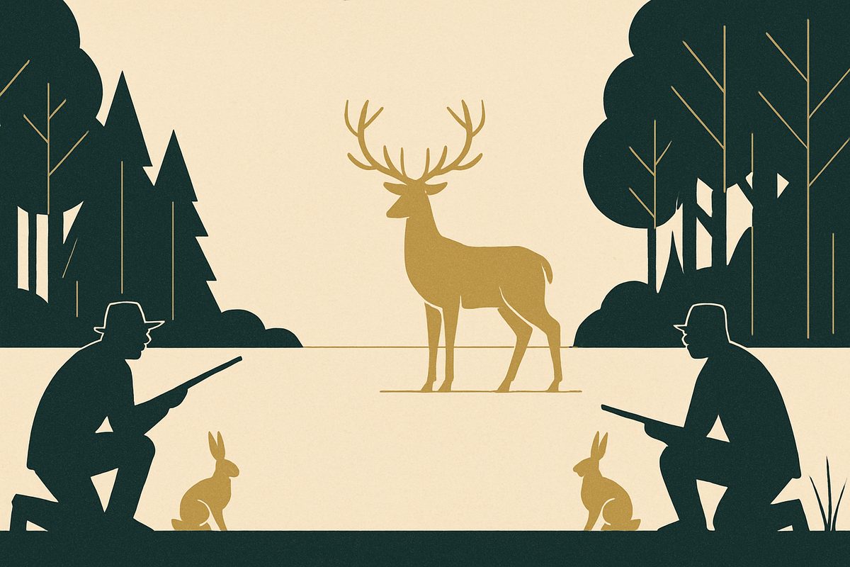 Two hunters crouched at opposite edges of a clearing, both watching one stag between them, with a hare near each of them.