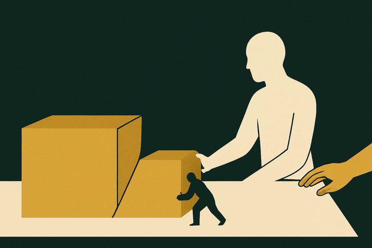 A plain slab on a table cut into two very unequal pieces, one figure pushing the smaller piece across and a second hand hovering above it.